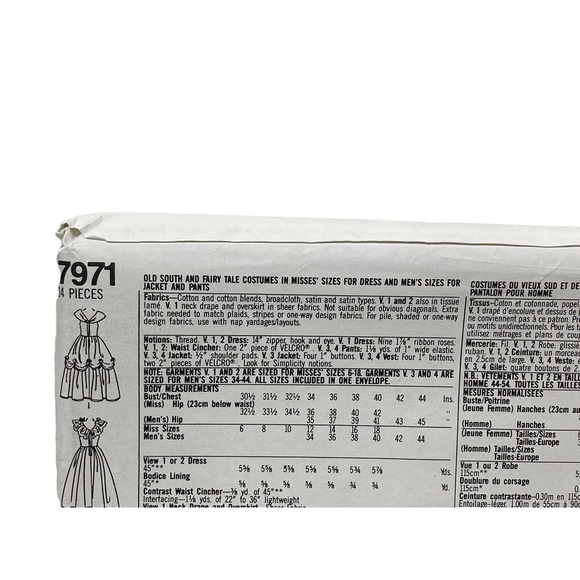 Simplicity 7971 Old South & Fairy Tales Adult Costumes Sewing Pattern Vintage - Picture 5 of 6